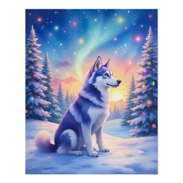 Siberian Husky Northern Lights Christmas Winter Poster (Front)