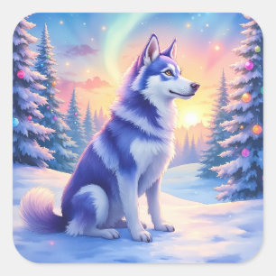 Siberian Husky Northern Lights Christmas Winter Square Sticker