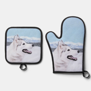 Siberian Husky Painting Silver and White Dog Art Oven Mitt & Pot Holder Set