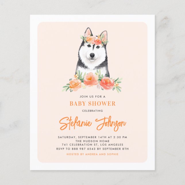 Siberian Husky Peach Floral Baby Shower Invitation (Front)