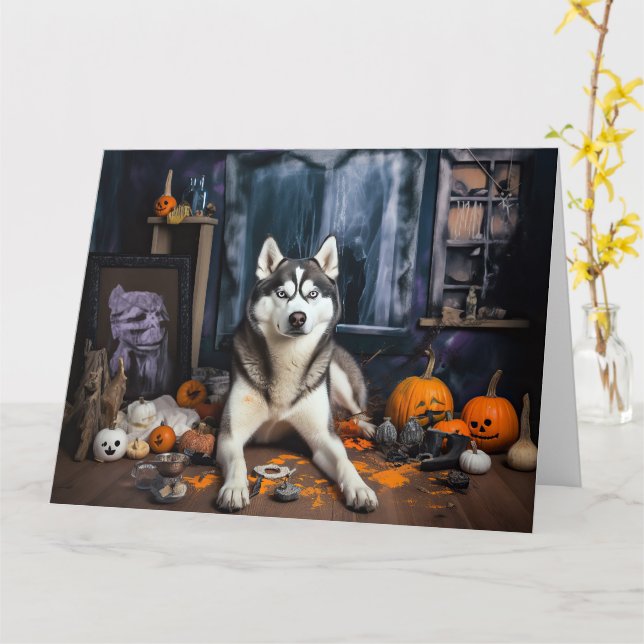 Siberian Husky Pumpkins Halloween Scary Card (Yellow Flower)