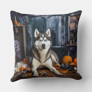 Siberian Husky Pumpkins Halloween Scary Cushion