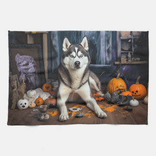 Siberian Husky Pumpkins Halloween Scary Tea Towel