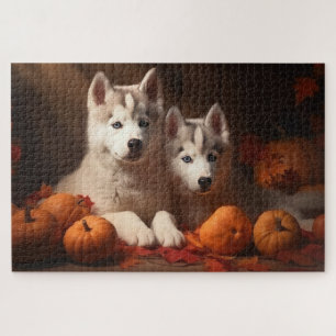 Siberian Husky Puppy Autumn Delight Pumpkin Jigsaw Puzzle