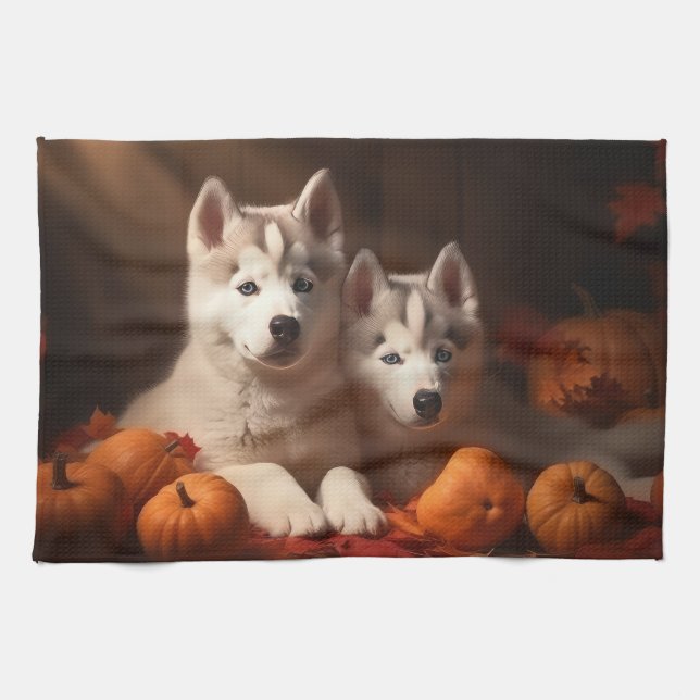 Siberian Husky Puppy Autumn Delight Pumpkin  Tea Towel (Horizontal)
