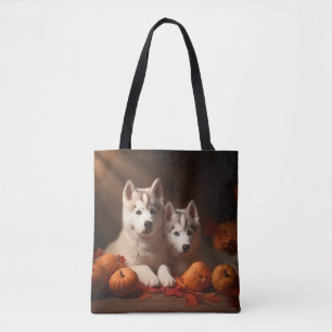 Siberian Husky Puppy Autumn Delight Pumpkin Tote Bag