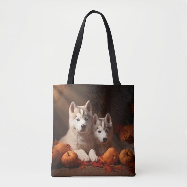 Siberian Husky Puppy Autumn Delight Pumpkin  Tote Bag (Front)