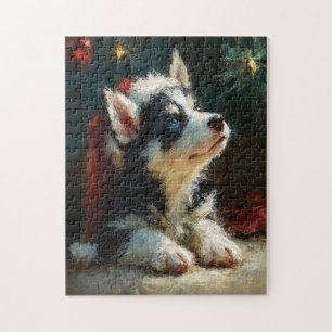 Siberian Husky Puppy Christmas Painting Jigsaw Puzzle