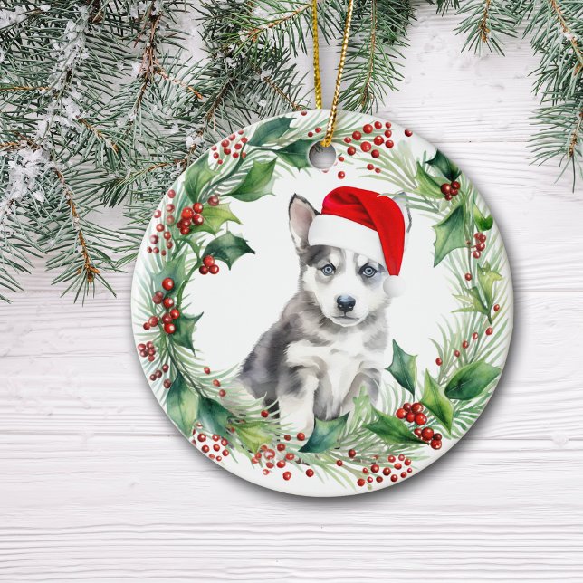 Siberian Husky Puppy Holly Wreath Christmas Ceramic Tree Decoration (Creator Uploaded)