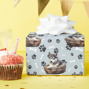 Siberian Husky Puppy in Basket Paw Print  Wrapping Paper