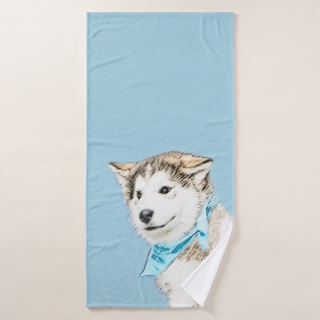 Siberian Husky Puppy Painting - Original Dog Art Bath Towel Set (Bath Towel)