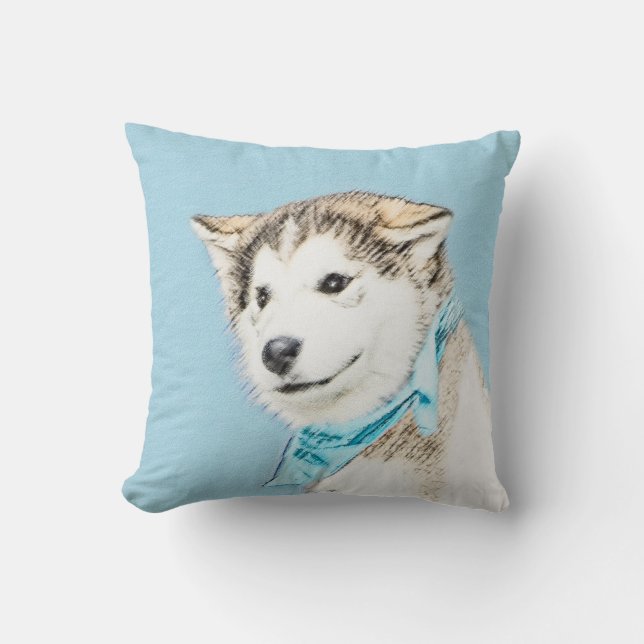 Siberian Husky Puppy Painting - Original Dog Art Cushion (Front)