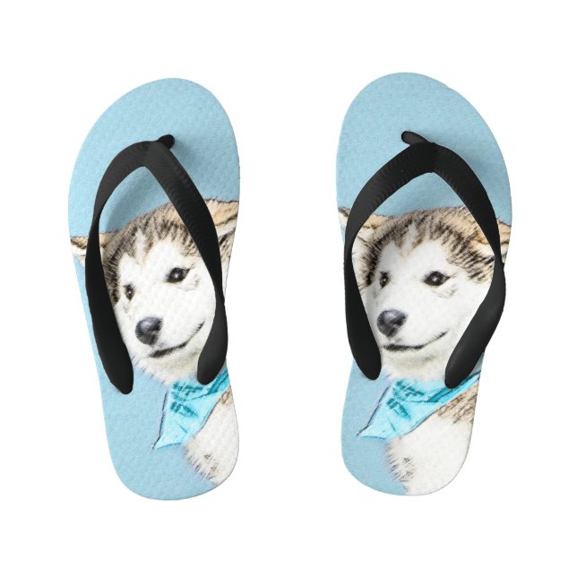 Siberian Husky Puppy Painting - Original Dog Art Kid's Jandals (Footbed)