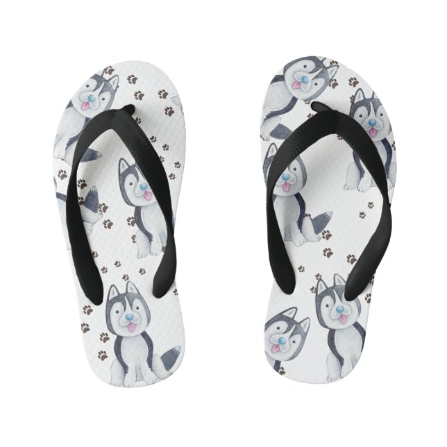 Siberian Husky Puppy Pet Dog Tracks Paw Prints Kid's Jandals (Footbed)