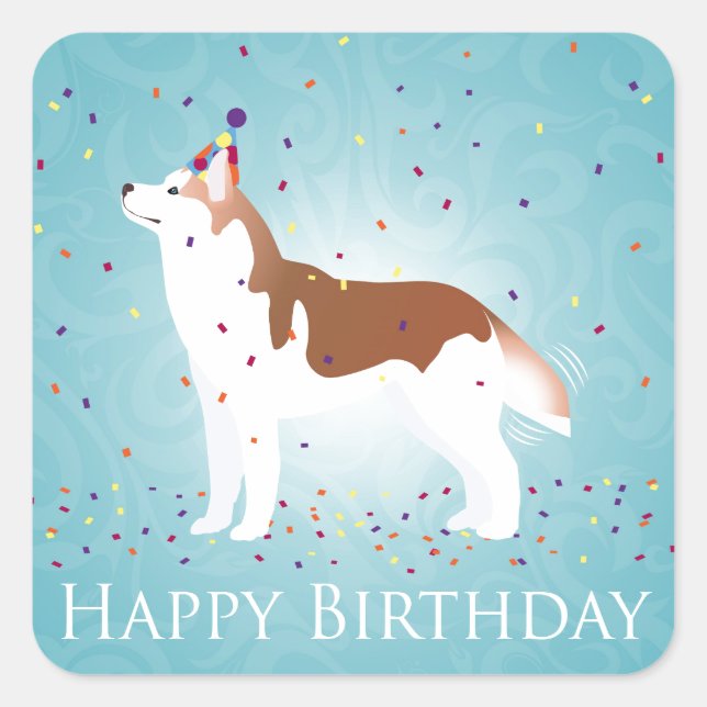 Siberian Husky - Red - Happy Birthday Design Square Sticker (Front)