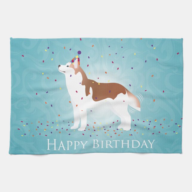 Siberian Husky - Red - Happy Birthday Design Tea Towel (Horizontal)