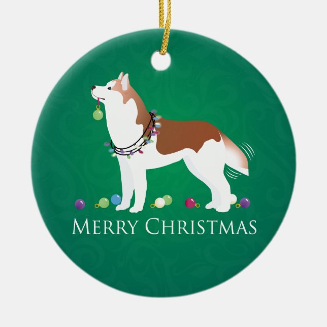 Siberian Husky - Red - Merry Christmas Design Ceramic Tree Decoration (Front)