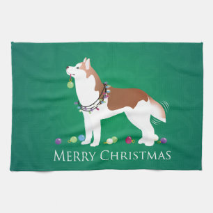 Siberian Husky - Red - Merry Christmas Design Tea Towel