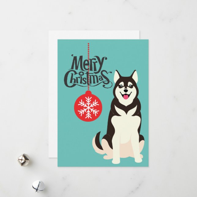 Siberian Husky Retro Aqua Christmas Card (Front/Back In Situ)