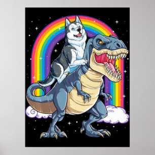 Siberian Husky Riding Dinosaur Rex Gifts Boys Poster
