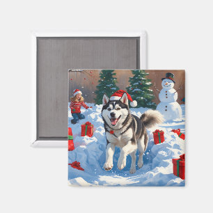 Siberian Husky Running in Snow with Christmas Hat Magnet