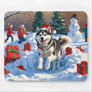 Siberian Husky Running in Snow with Christmas Hat Mouse Pad