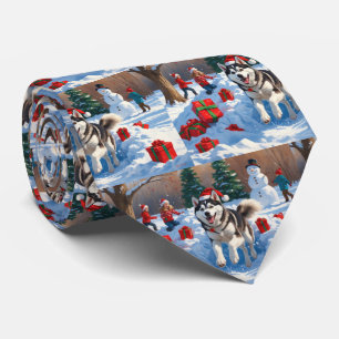 Siberian Husky Running in Snow with Christmas Hat Tie