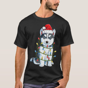Siberian Husky Santa Christmas Tree Lights Xmas Bo T-Shirt