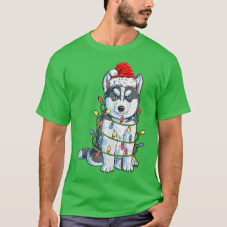 Siberian Husky Santa Christmas Tree Lights Xmas Bo T-Shirt
