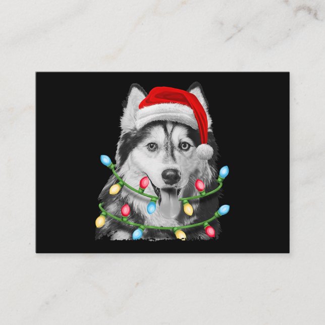 Siberian Husky Santa Christmas Tree Lights Xmas Business Card (Front)