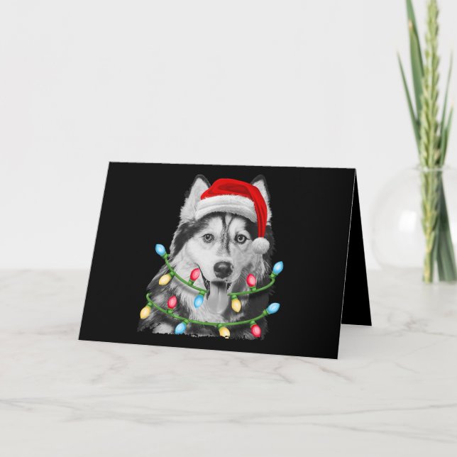 Siberian Husky Santa Christmas Tree Lights Xmas Holiday Card (Front)