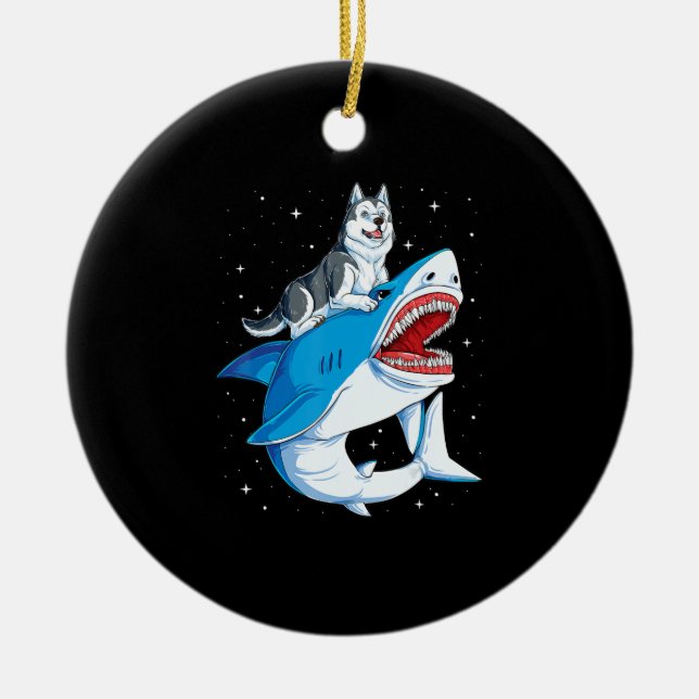 Siberian Husky Shark Jawsome Dog Lover Gifts Space Ceramic Tree Decoration (Front)
