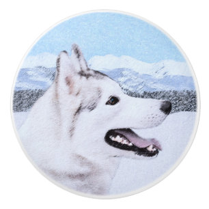 Siberian Husky (Silver and White) Painting Dog Art Ceramic Knob