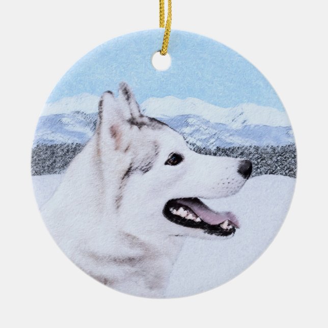 Siberian Husky (Silver and White) Painting Dog Art Ceramic Tree Decoration (Front)