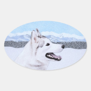 Siberian Husky (Silver and White) Painting Dog Art Oval Sticker