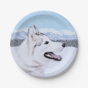 Siberian Husky (Silver and White) Painting Dog Art Paper Plate