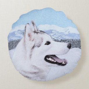 Siberian Husky (Silver and White) Painting Dog Art Round Cushion