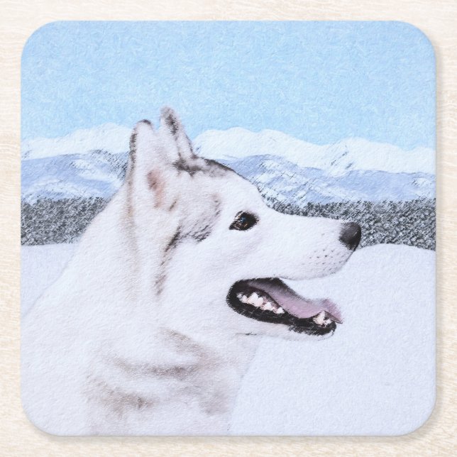 Siberian Husky (Silver and White) Painting Dog Art Square Paper Coaster (Front)