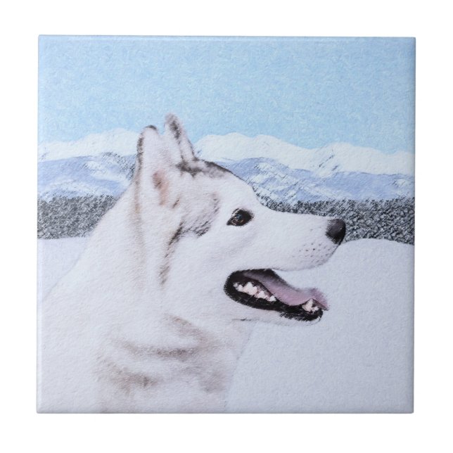 Siberian Husky (Silver and White) Painting Dog Art Tile (Front)