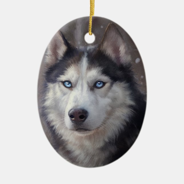 Siberian Husky Snow Ceramic Tree Decoration (Front)