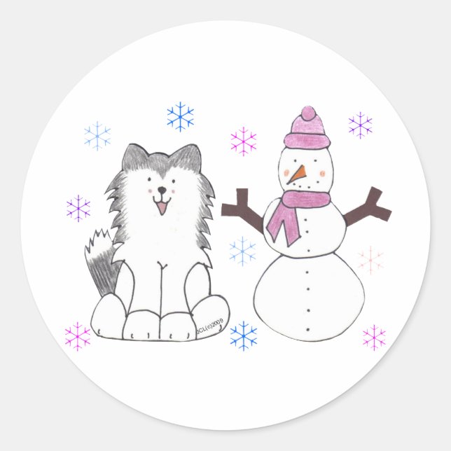 Siberian Husky & Snowman Classic Round Sticker (Front)