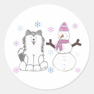 Siberian Husky & Snowman Classic Round Sticker