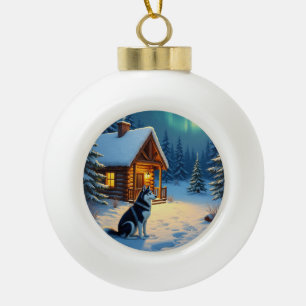 Siberian Husky Snowy Cabin Christmas Painting Ceramic Ball Christmas Ornament