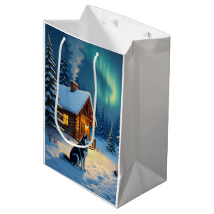 Siberian Husky Snowy Cabin Christmas Painting Medium Gift Bag