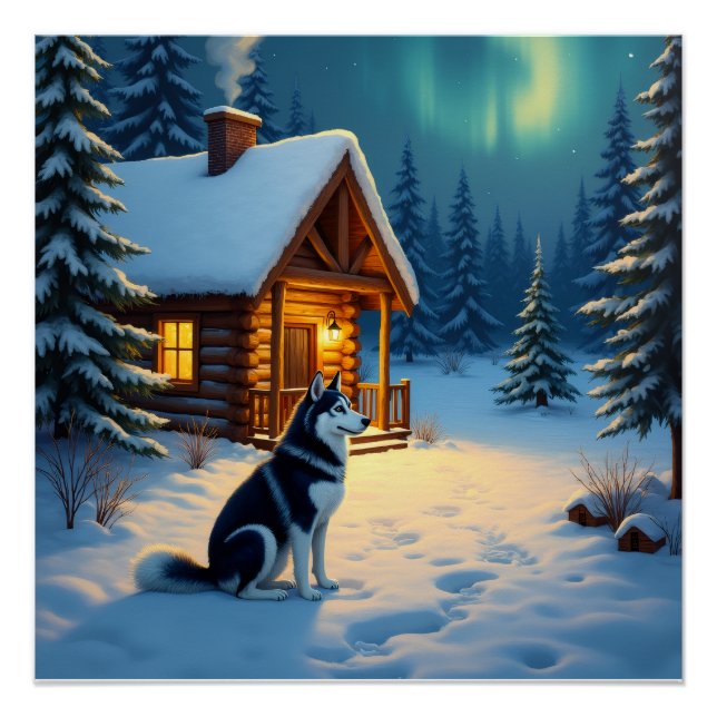 Siberian Husky Snowy Cabin Christmas Painting Poster (Front)
