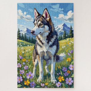 Siberian Husky Spring Wildflower Meadow Dog Jigsaw Puzzle