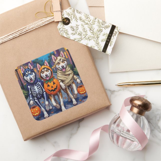 Siberian Husky Trick-or-Treating Halloween Costume Square Sticker (Gifting)