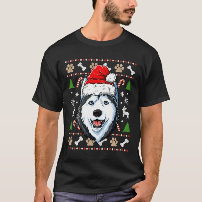 Siberian Husky Ugly Christmas Dog Santa Hat Xmas B T-Shirt (Front)