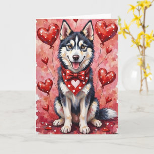 Siberian Husky Valentine Dog Sitting with Hearts Card
