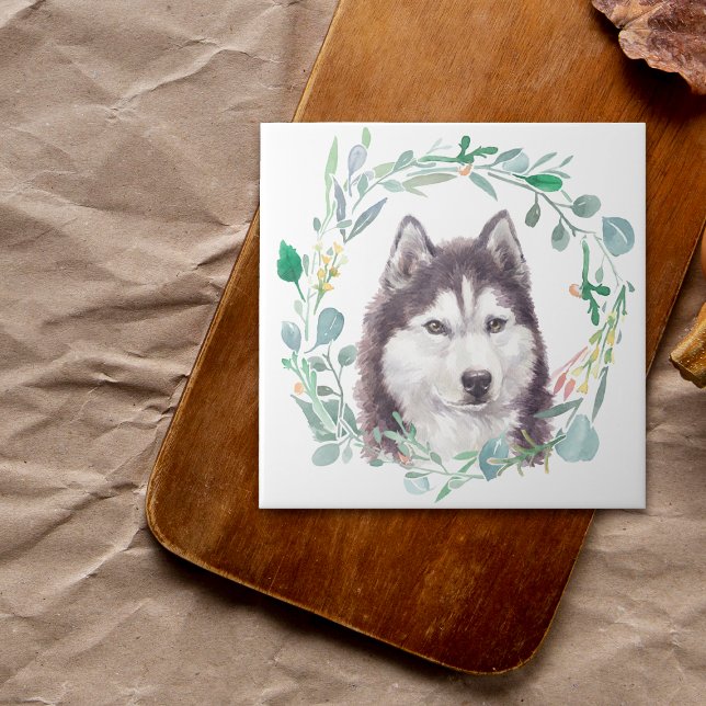 Siberian Husky Watercolor Wreath Ceramic Tile (Creator Uploaded)
